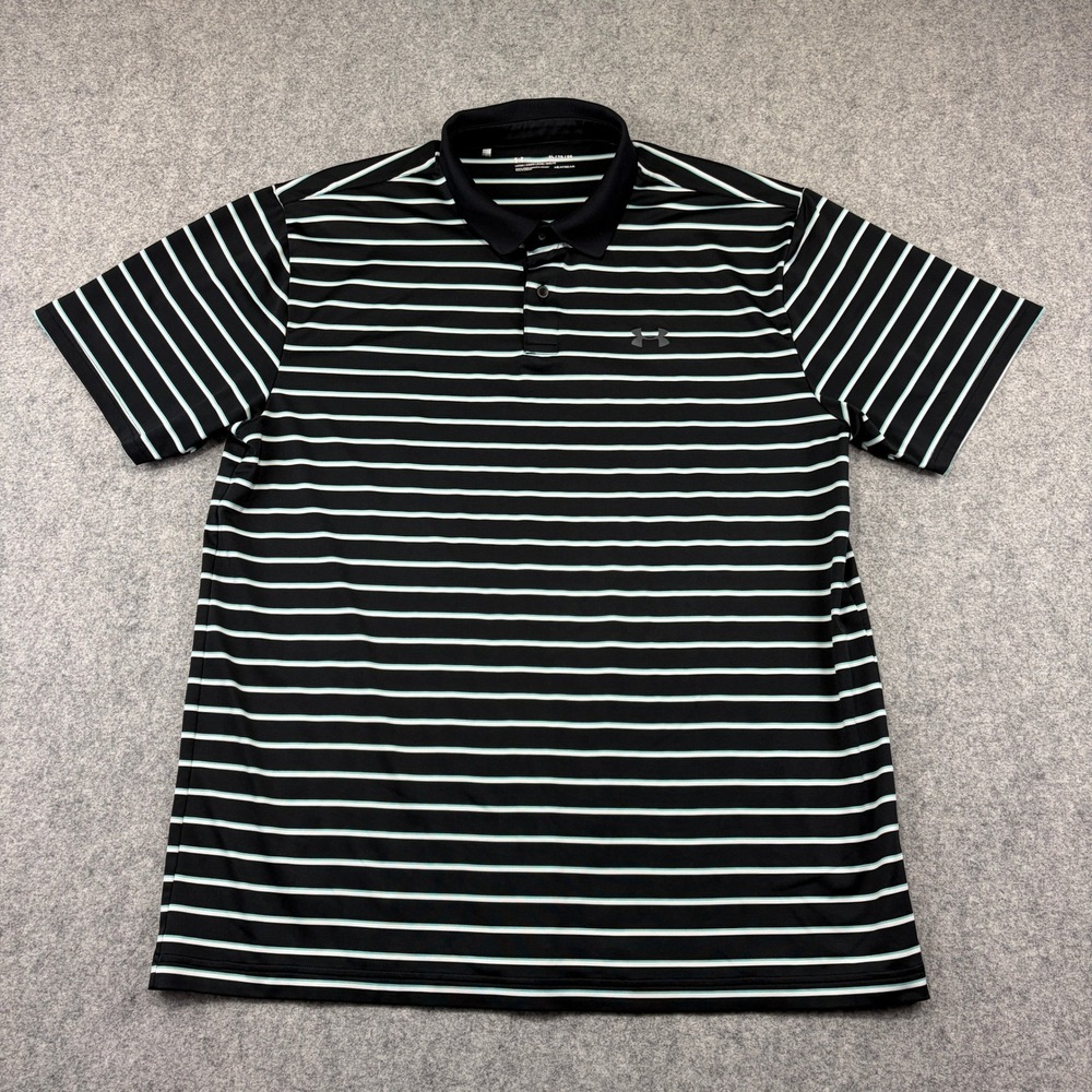 Under Armour Mens XL HeatGear Loose Fit Striped Golf Polo Shirt Black Mint Green